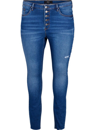 Amy jeans med hög midja och knappar, Blue denim, Packshot image number 0
