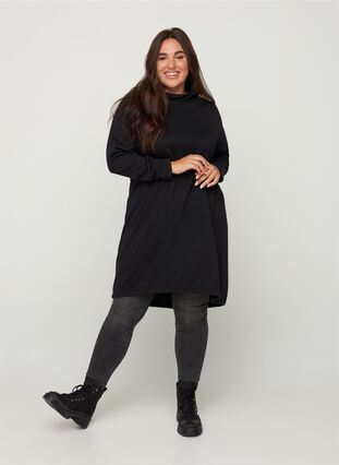 Höghalsad sweatklänning med knytdetalj, Black, Model image number 2