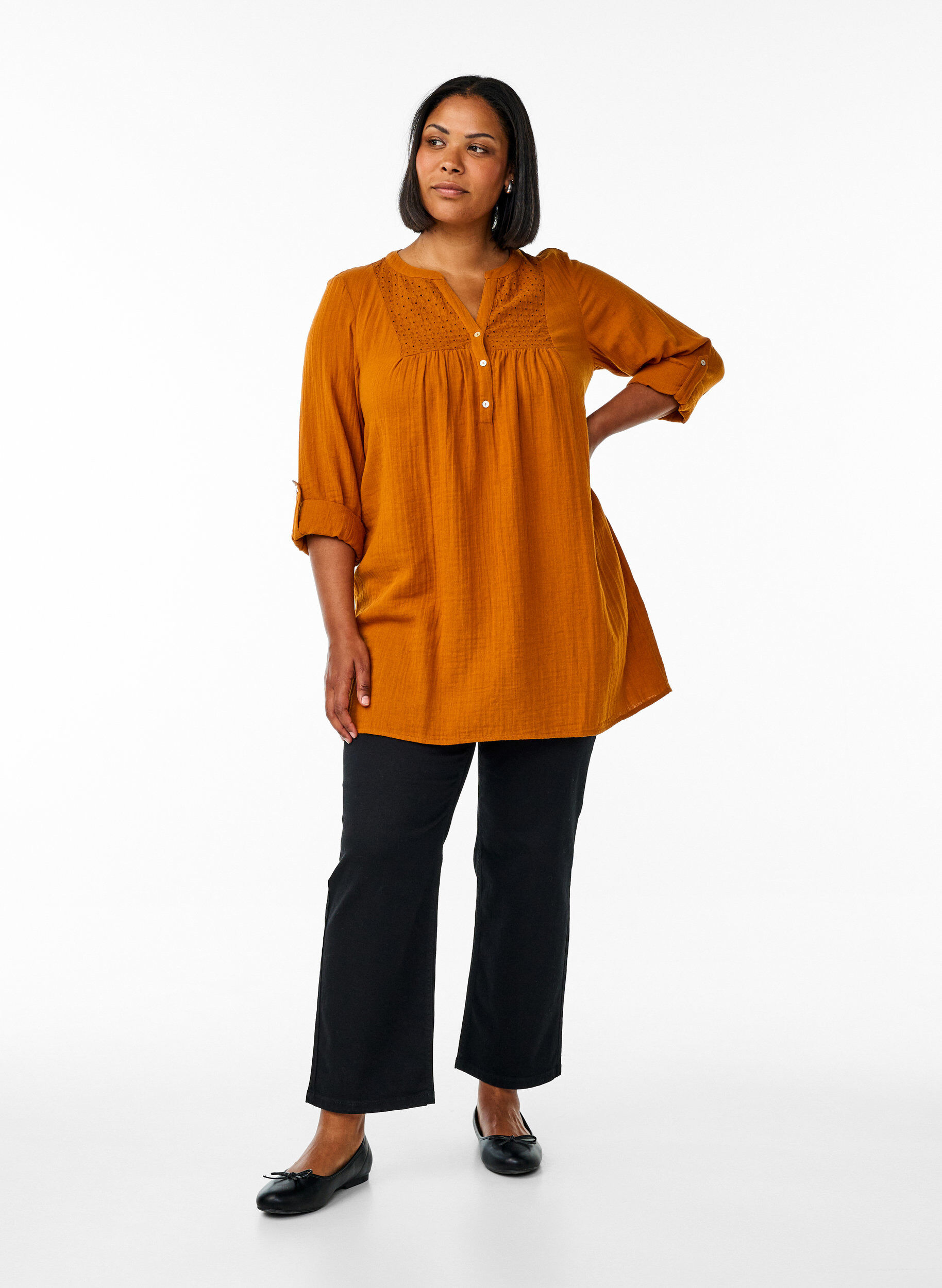 ZizziTunika i bomullsmuslin med broderie anglaise, Orange, Model image number 1