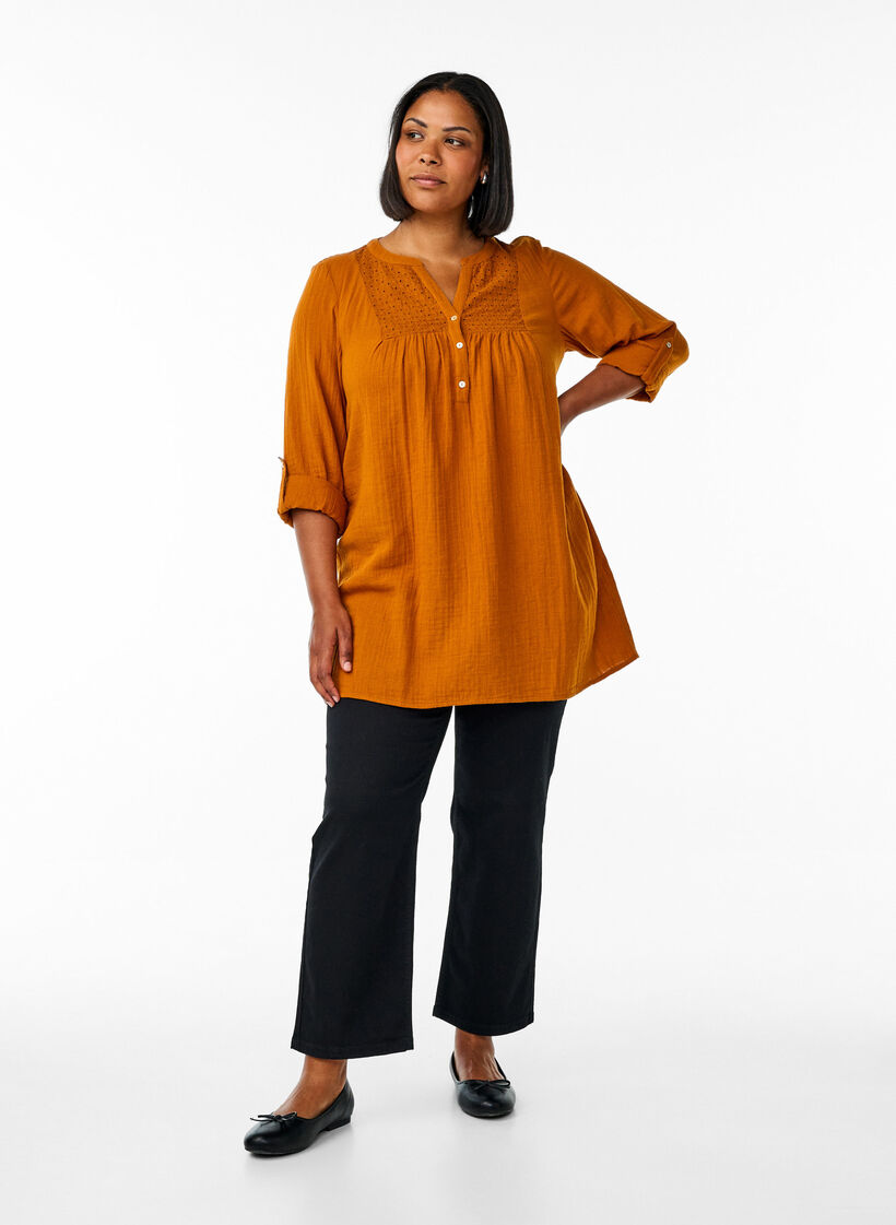 Tunika i bomullsmuslin med broderie anglaise, Orange, Model image number 1