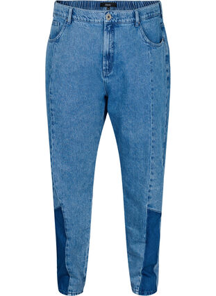 Croppade Mille mom jeans med blockfärgad detalj, Blue denim, Packshot image number 0