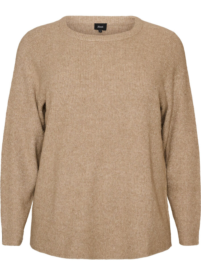 Melerad stickad blus med rund halsringning, Beige, Packshot image number 0