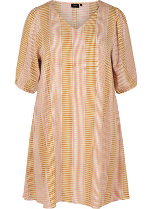 Viskosklänning med mönster och v-ringning, Apple Cinnamon AOP, Packshot image number 0