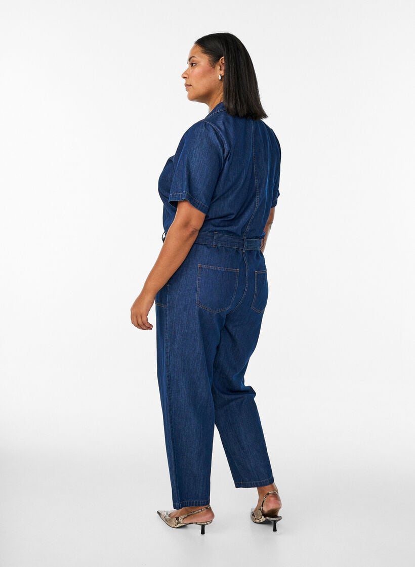 Jumpsuit i denim med korta &auml;rmar och knytsk&auml;rp, Bl&aring;, Model image number 1