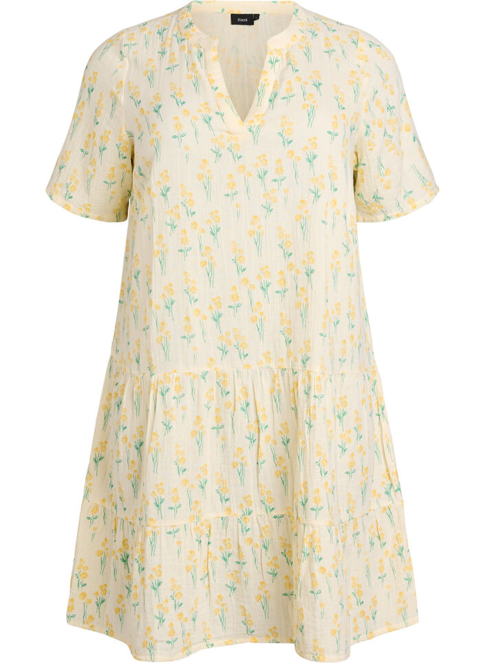 Kort a-linjeformad kl&auml;nning i bomullsmuslin, Gul, Packshot image number 0