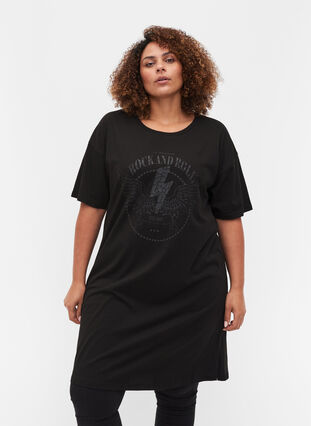 T-shirtklänning i bomull med mönster, Black w. Black, Model image number 0