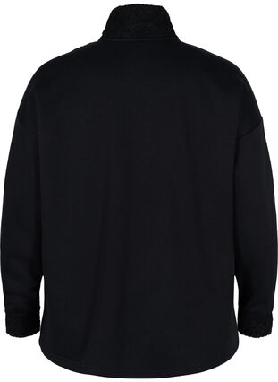 Höghalsad sweatshirt med teddymaterial och dragkedja, Black, Packshot image number 1