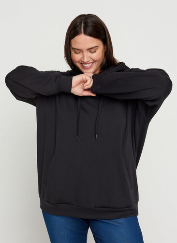 Sweatshirt med fickor och huva, Black, Model image number 0