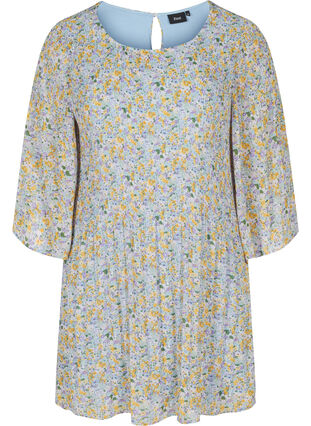 Plisserad tunika med blommigt tryck och 3/4 ärmar, Purple Yellow AOP, Packshot image number 0