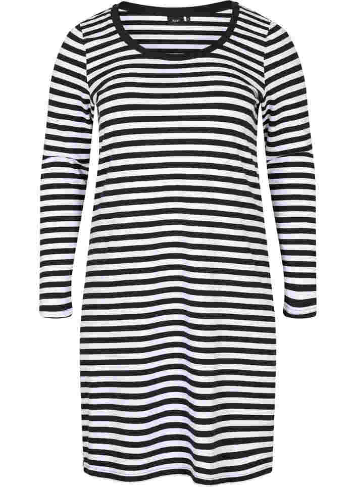 Randig klänning i bomull med långa ärmar, Black w. White Thin, Packshot image number 0