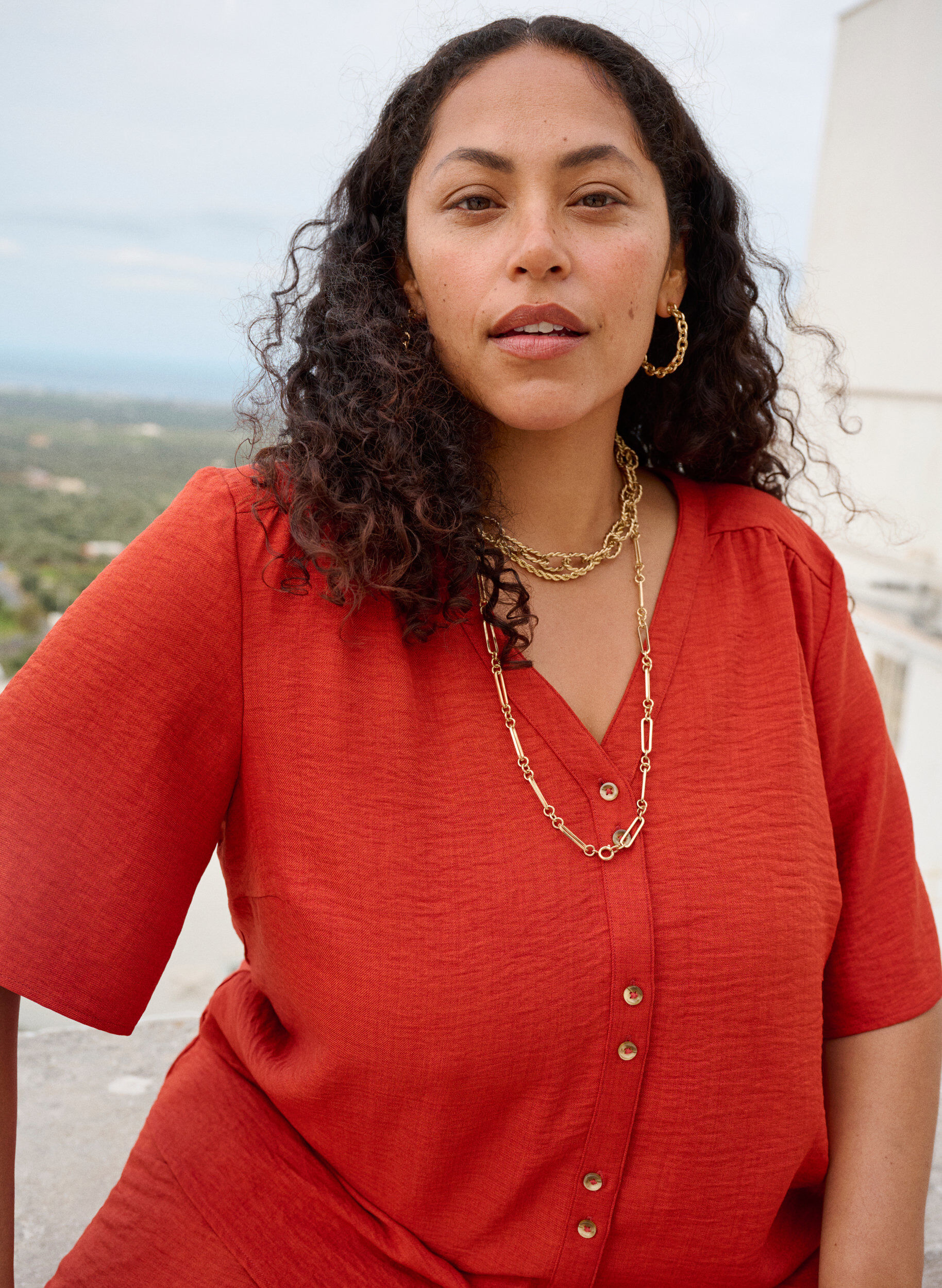 ZizziV-ringad skjortblus med korta &auml;rmar, R&ouml;d, Image image number 0