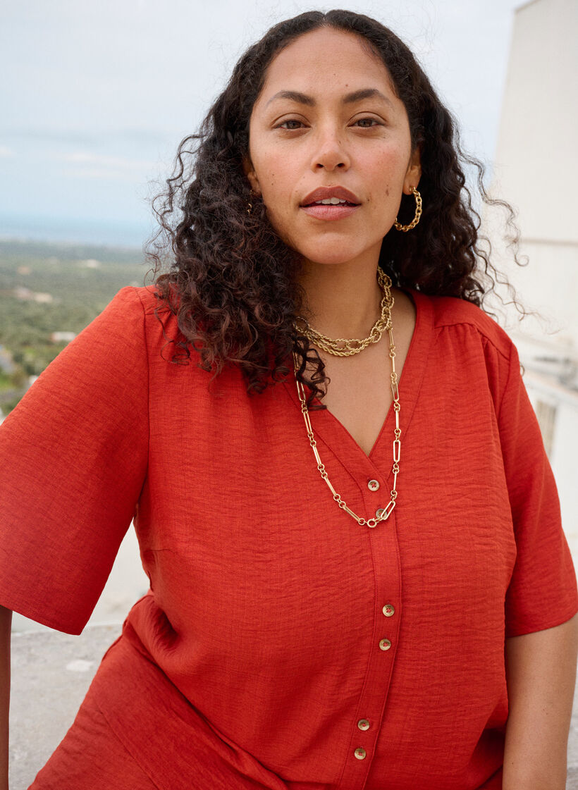 V-ringad skjortblus med korta &auml;rmar, R&ouml;d, Image image number 0