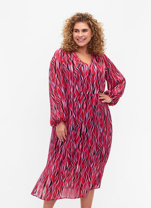 Långärmad midi-klänning med tryck, Fuchsia Pink AOP, Model image number 0