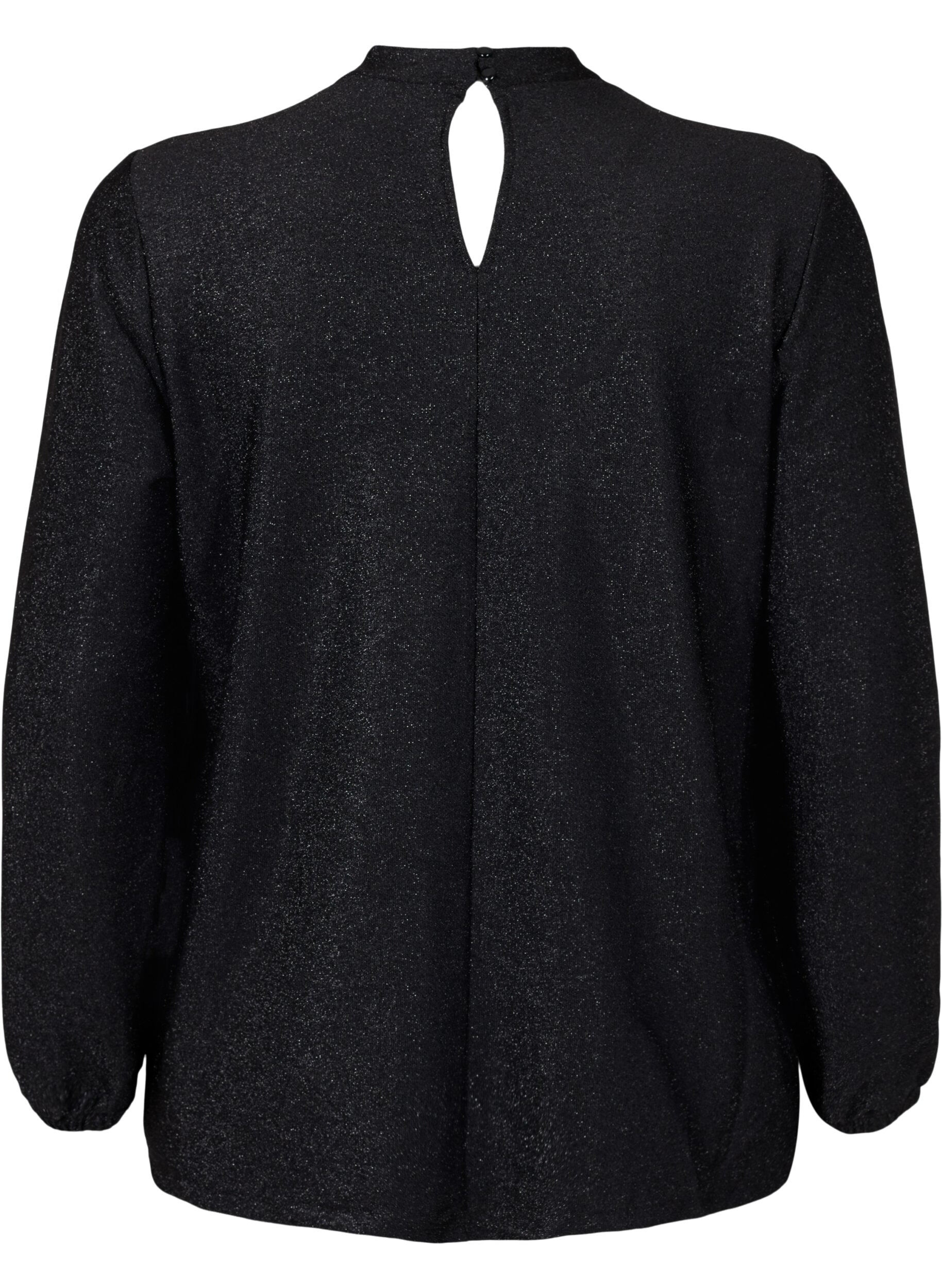 Zizzi L&aring;ng&auml;rmad blus i glitter med rund halsringning och V-detalj, Black Black, Packshot image number 1