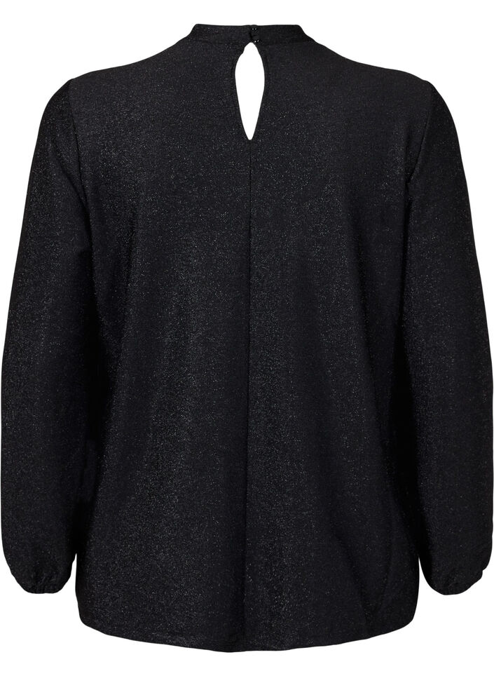 Långärmad blus i glitter med rund halsringning och V-detalj, Black Black, Packshot image number 1