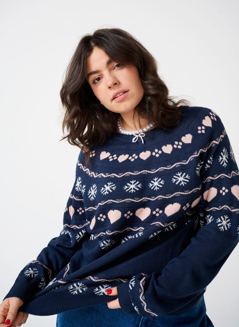 Stickad topp med julmotiv och långa ärmar, Navy Blazer Comb, Image image number 0