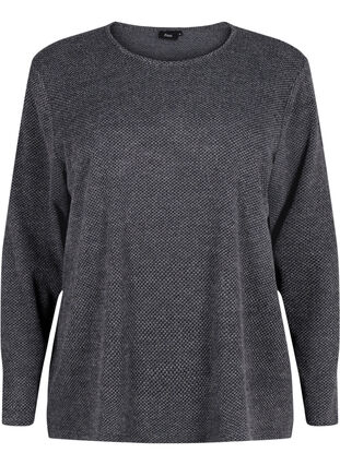 Melange blus med rund hälsning och långa ärmar, Dark Grey, Packshot image number 0