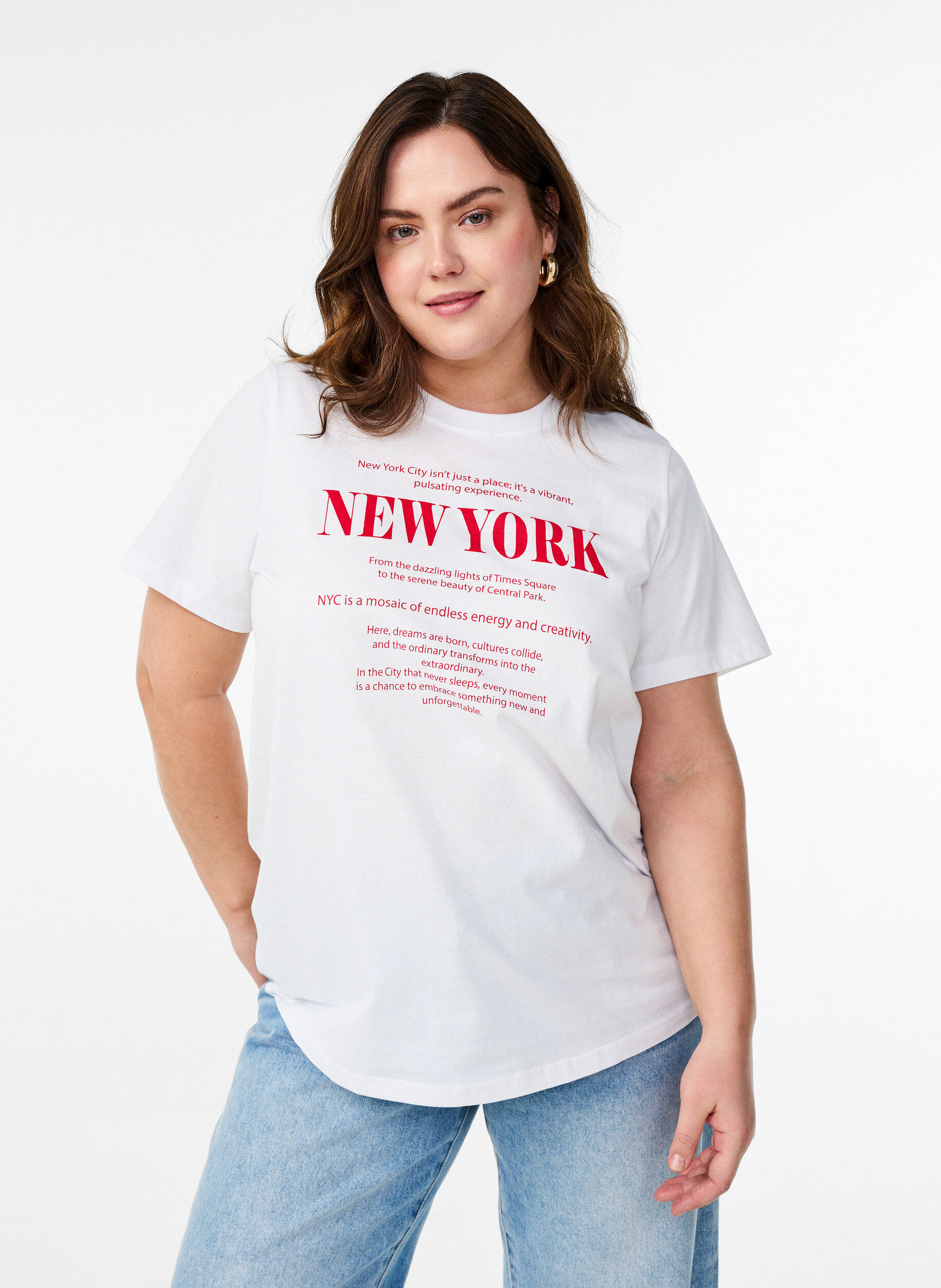 Zizzi T-shirt i bomull med texttryck och rund halsringning, Vit, Model image number 0