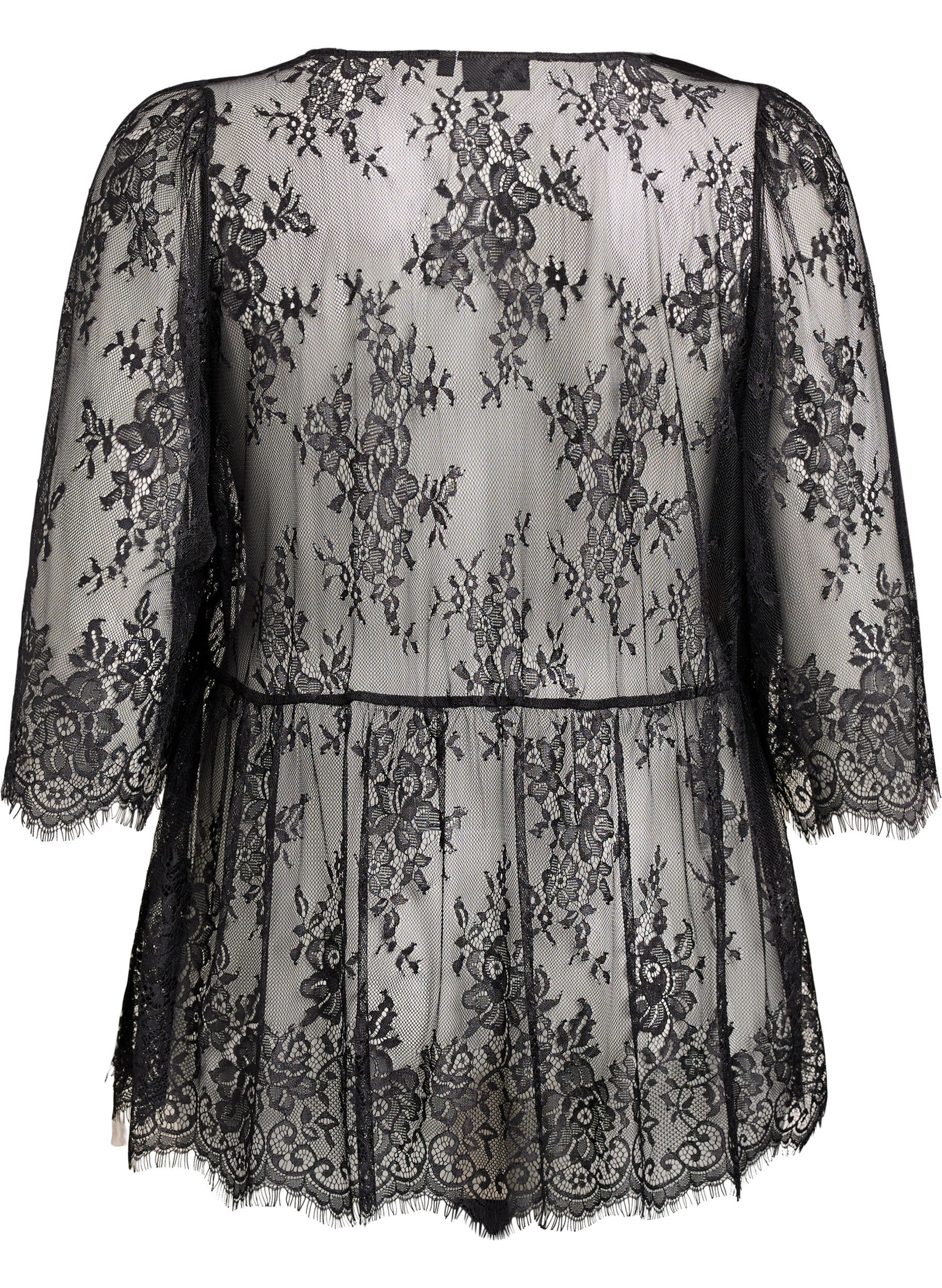 Zizzi Spetstopp med knytdetalj och 3/4-&auml;rmar, Svart, Packshot image number 1