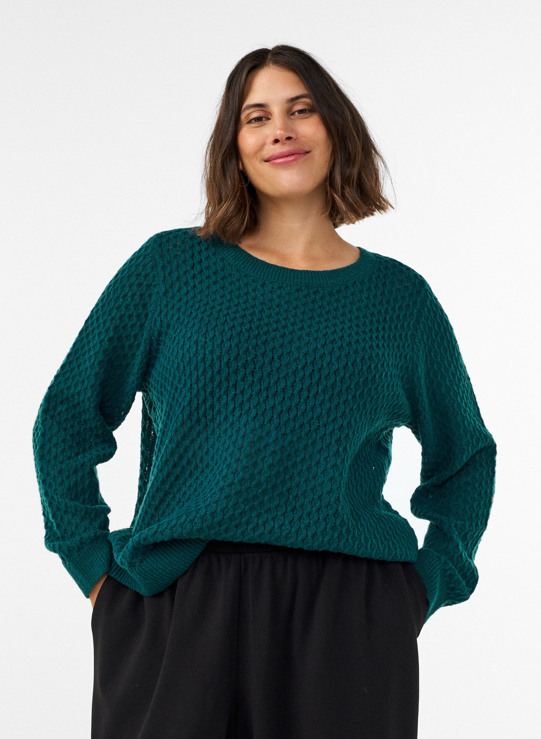 ZizziStickad blus med strukturerat h&aring;lm&ouml;nster, Gr&ouml;n, Model image number 0