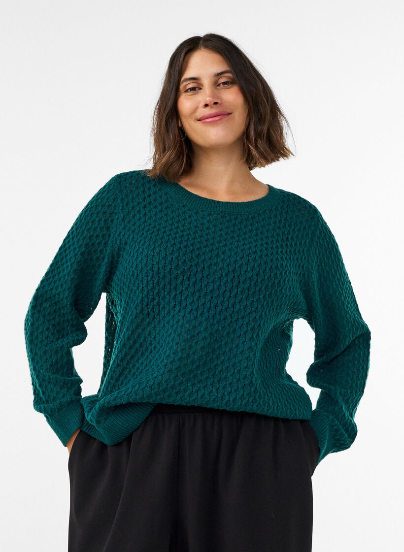 Stickad blus med strukturerat h&aring;lm&ouml;nster, Gr&ouml;n, Model image number 0