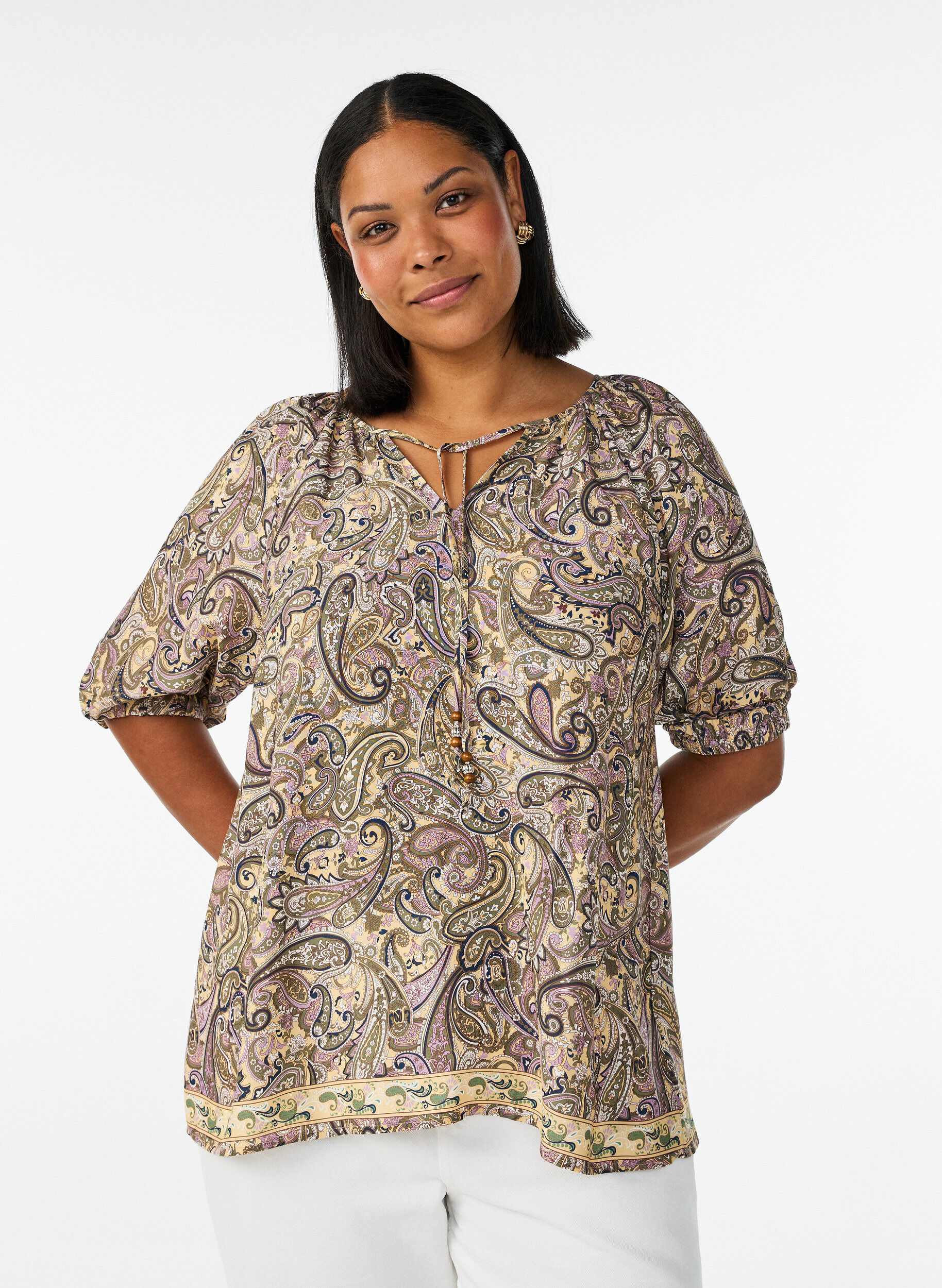 Blus i viskos med paisleym&ouml;nster och knytband, Gul, Model