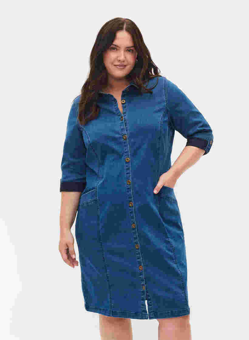 Skjortklänning i denim med 3/4-ärmar, Blue denim, Model