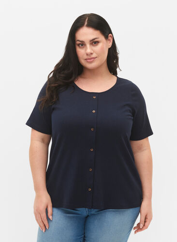 Ribbad t-shirt med knappar och korta ärmar, Navy Blazer, Model image number 0