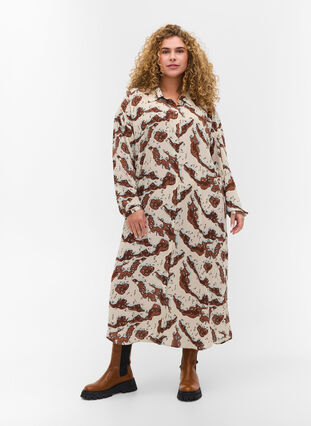 Mönstrad klänning med långa ärmar och knappar, Camouflage AOP, Model image number 2