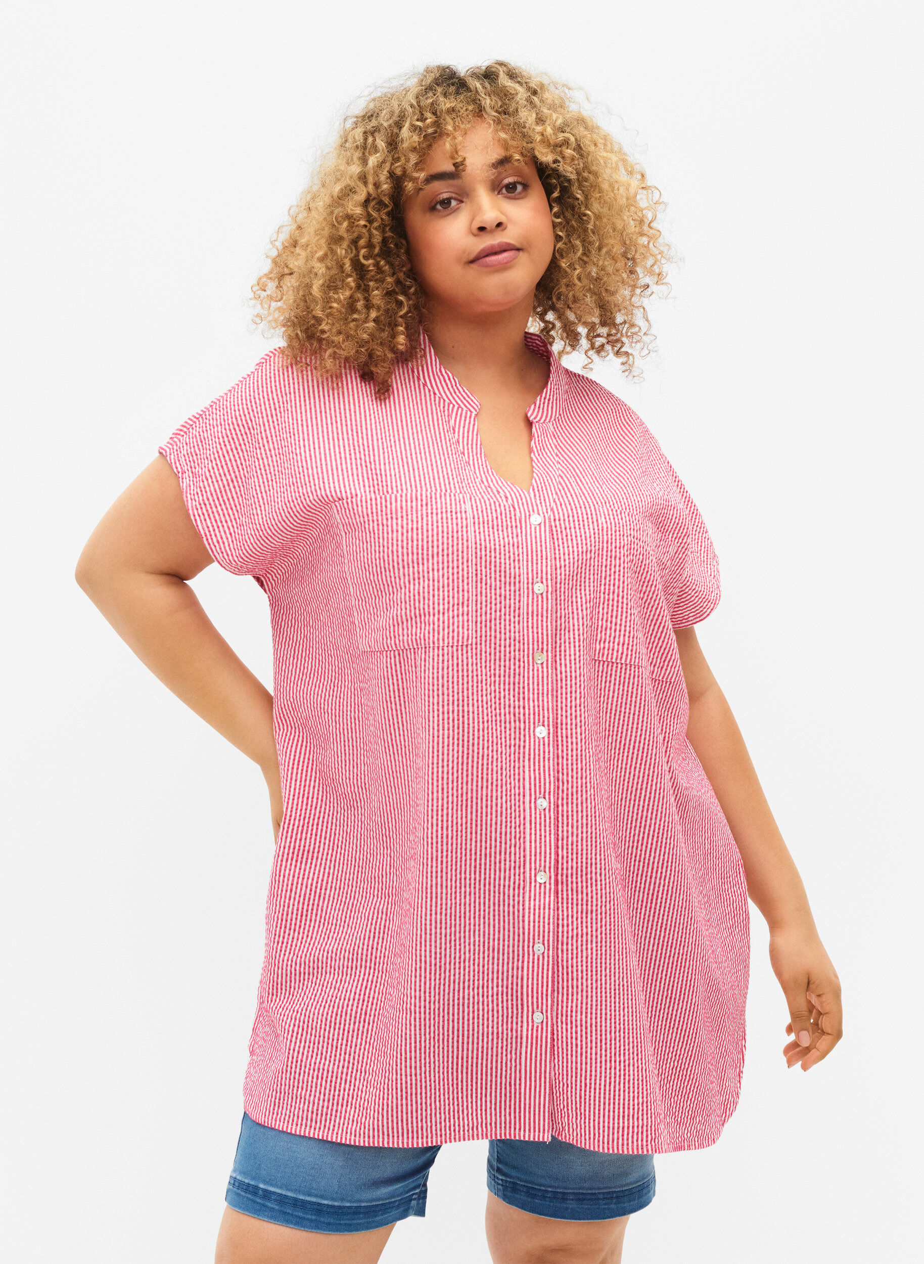 ZizziRandig skjorta i bomull med korta &auml;rmar, Beetroot P. Stripe, Model image number 0