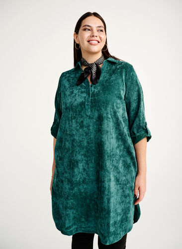 Sammetsklänning med 3/4 ärmar och knappar, Deep Teal, Image image number 0