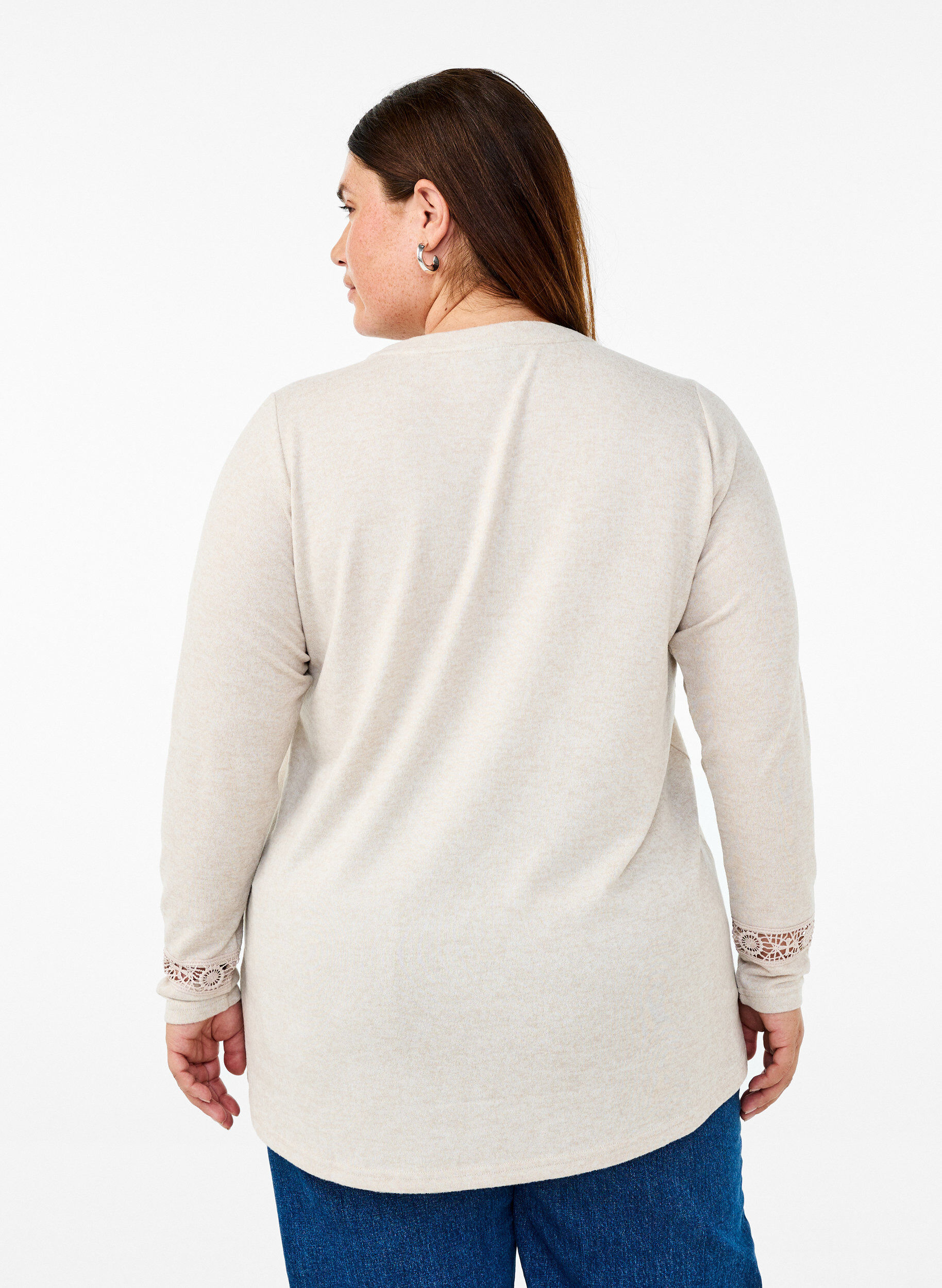 Zizzi Blus med broderidetaljer och l&aring;nga &auml;rmar, Beige, Model image number 2