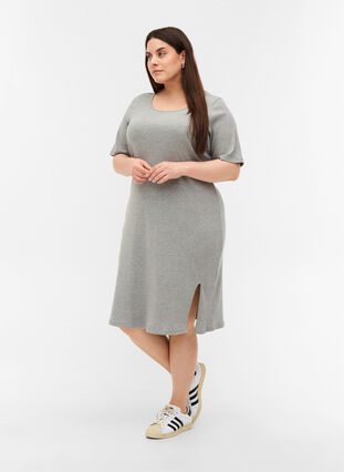 Ribbad klänning med korta ärmar, Light Grey Melange, Model image number 2