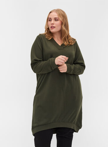 Enfärgad klänning i sweatshirtmaterial, Forest Night, Model image number 0