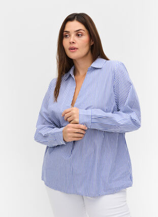 Randig skjorta i ekologisk bomull, Dazzling Blue Stripe, Model image number 0