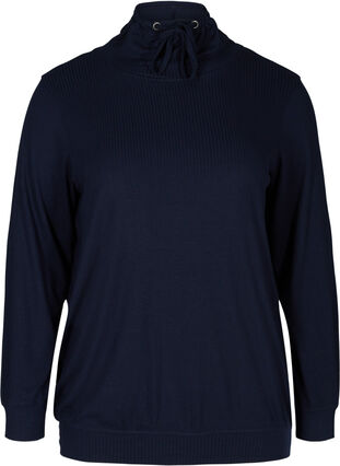 Långärmad blus med hög hals och snöre, Navy Blazer, Packshot image number 0