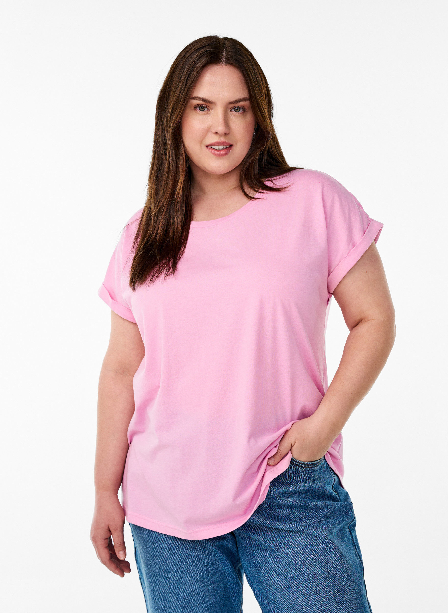 Zizzi Kort&auml;rmad t-shirt i bomullsmix, Rosa, Model image number 0