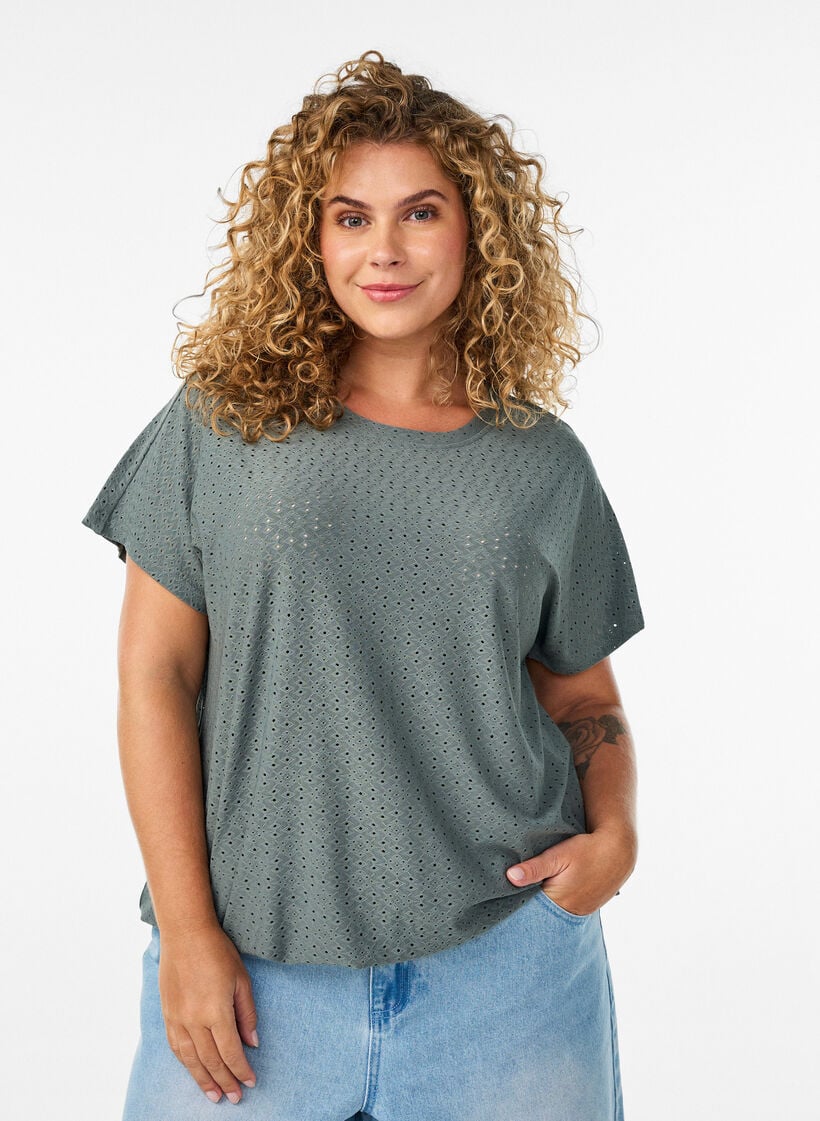 Blus med h&aring;lbroderi och ballongeffekt, Gr&ouml;n, Model image number 0