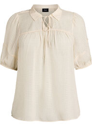Blus i seersucker med knytband, Beige
