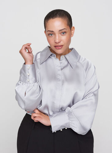 Skjorta med ballongärmar och krage, Light Grey, Model image number 0