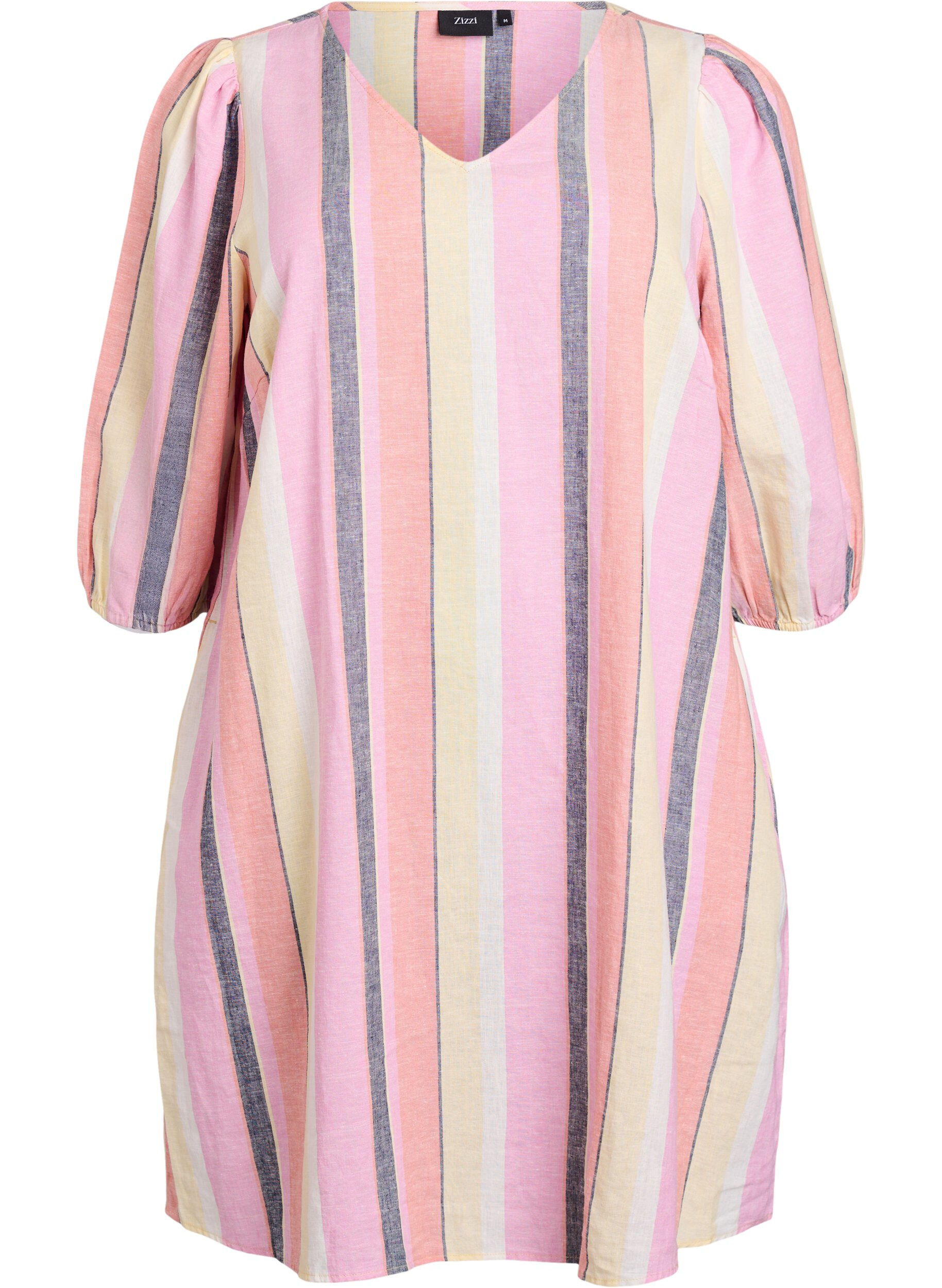 Zizzi Kort kl&auml;nning i linne och viskos med 3/4-&auml;rmar, Gul, Packshot image number 0