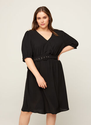 Kortärmad klänning med bälte, Black, Model image number 0