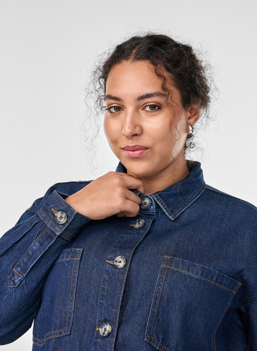 Lös skjorta i denim med bröstfickor, Blå, Model image number 3