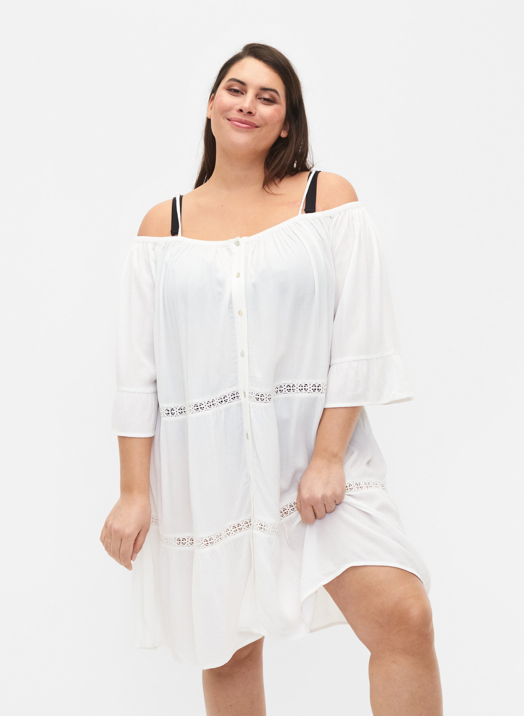 Zizzi Strandtunika med off-shoulder, White, Model image number 0