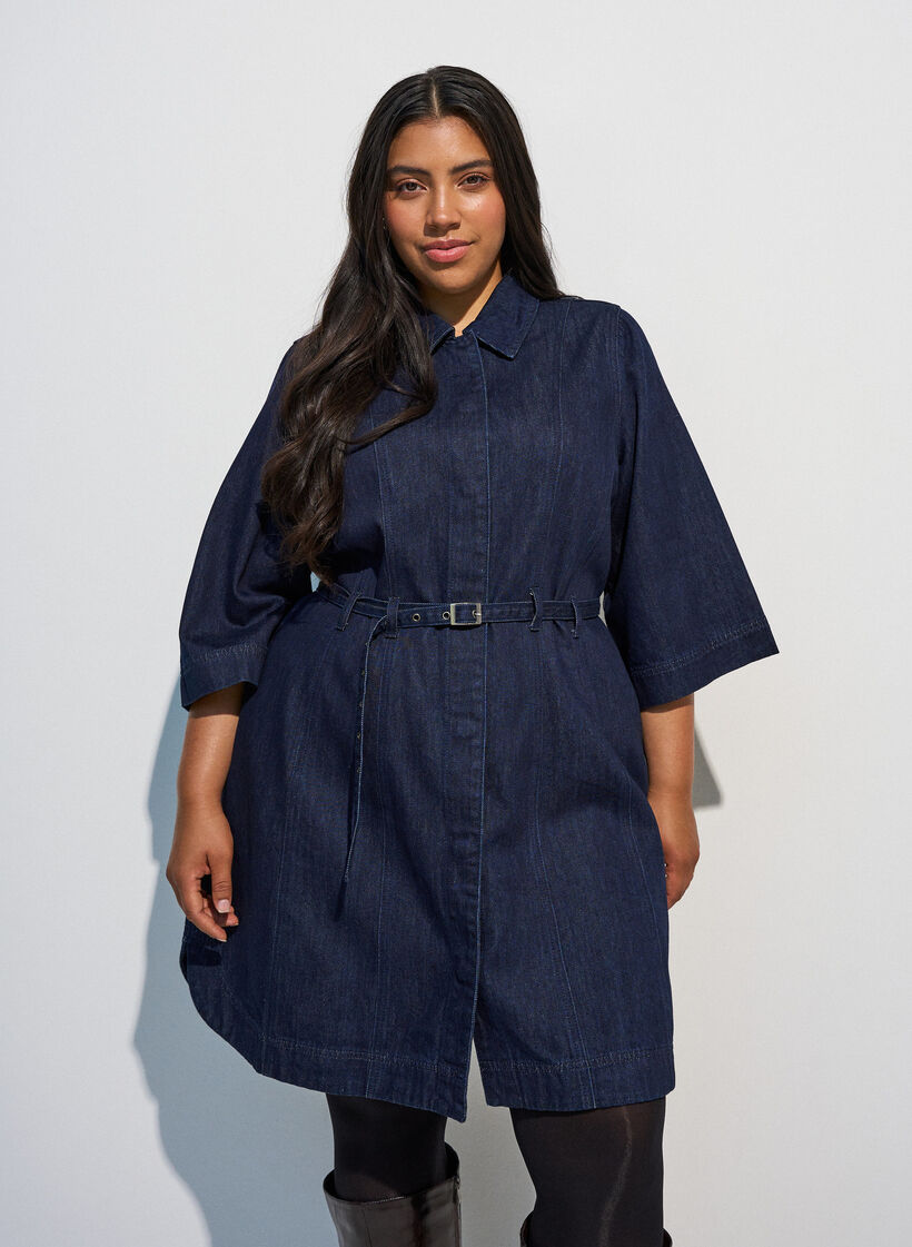 Jeanskl&auml;nning med sk&auml;rp och 3/4-&auml;rmar, Bl&aring;, Model image number 0