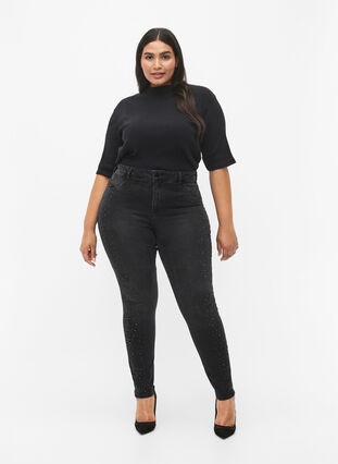 Amy-jeans med hög midja och strass, Grey Denim, Model image number 0