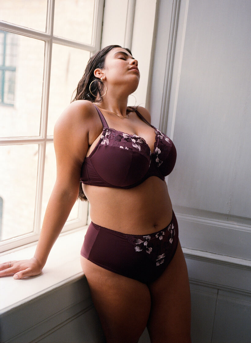 Trosor i mikrofiber med blommig brodyr, Mörk Bordeaux, Image image number 0