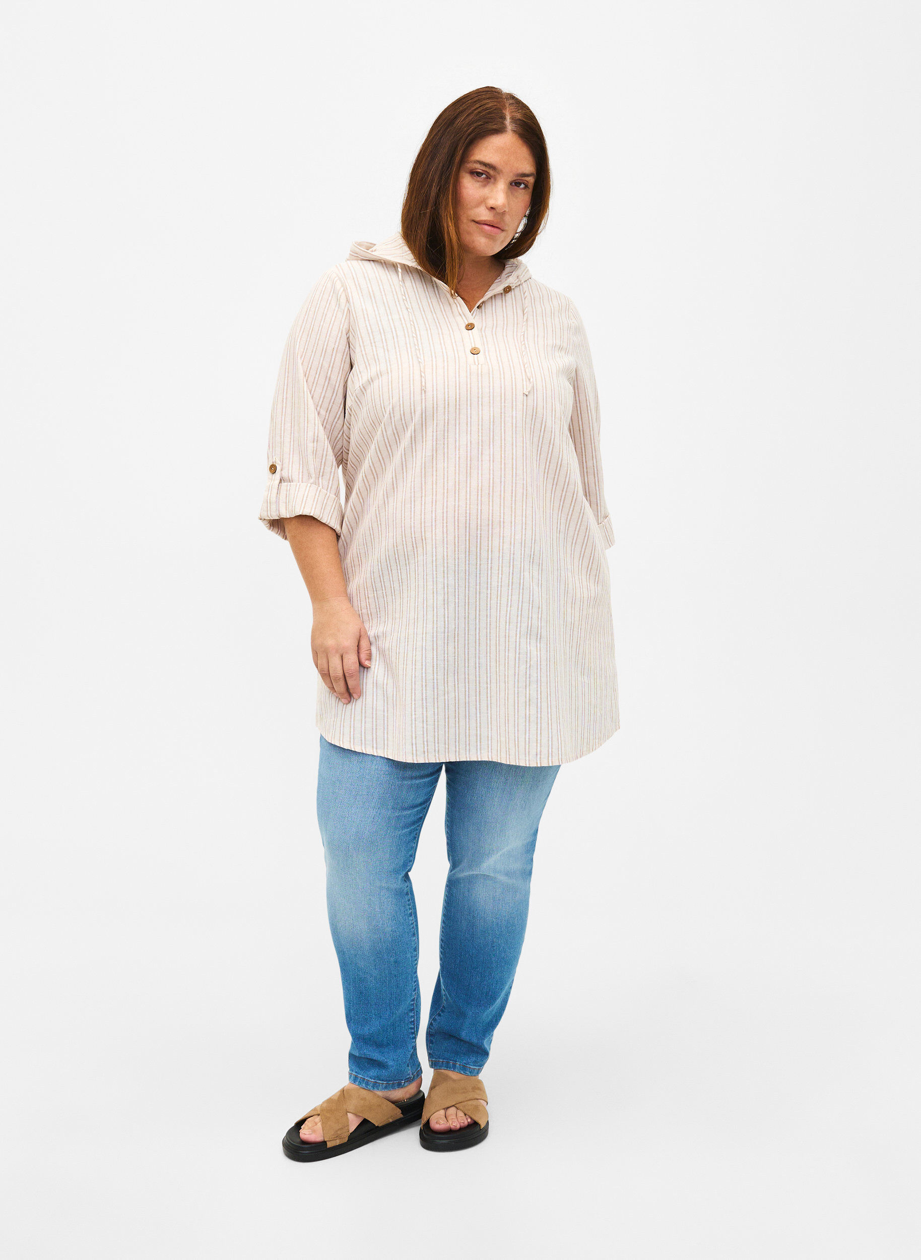 Zizzi Tunika med huva i bomull och linne, Wh. Sandshell Stripe, Model image number 3
