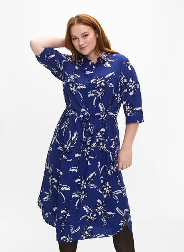 FLASH – Skjortklänning med blommigt tryck, Navy Blazer Flower, Model image number 0
