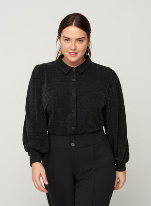 Skjorta med glitter och puffärmar, Black, Model image number 0